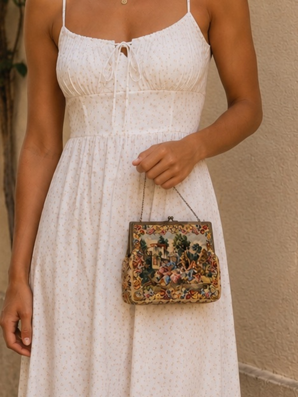 Vintage Scenic Tapestry Needlepoint Evening Bag Floral Frame Kiss Lock Purse